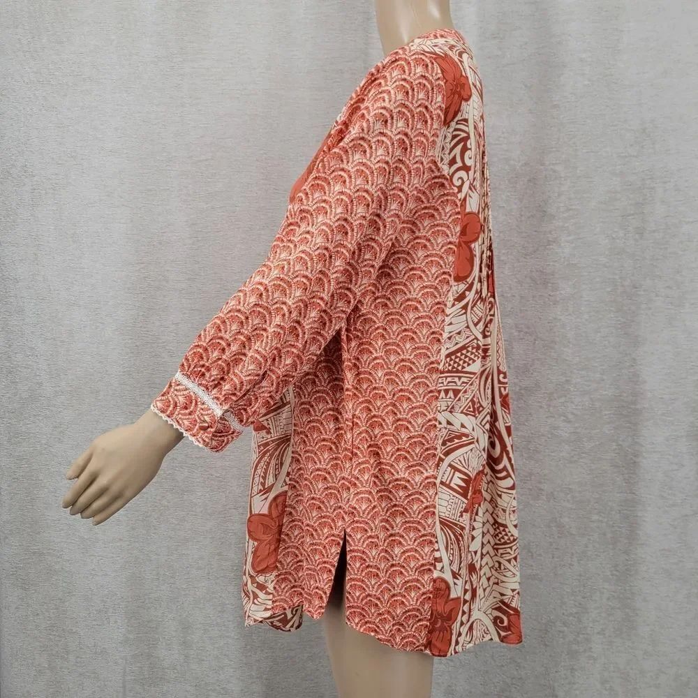 Soft Surroundings Floral Patterned 3/4 Sleeve Tunic Rust Terracotta and Cream - Picture 4 of 12